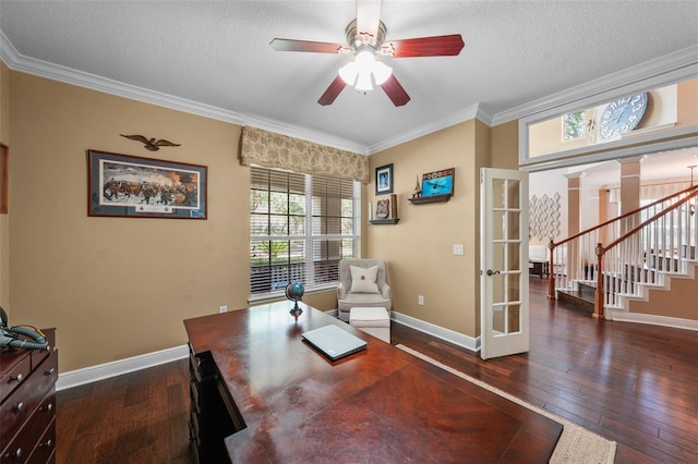 home office with french doors, ornamental molding, baseboards, hardwood / wood-style flooring, and ceiling fan