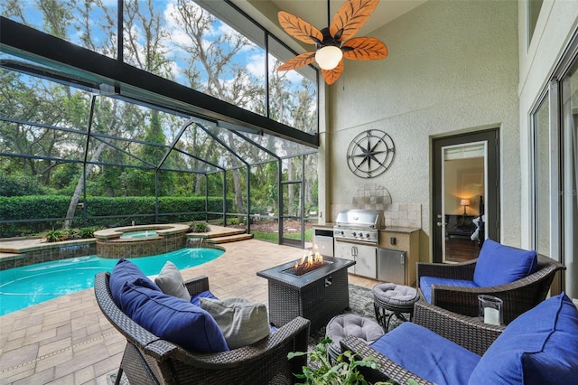 view of patio / terrace with an outdoor fire pit, a pool with connected hot tub, a lanai, and area for grilling