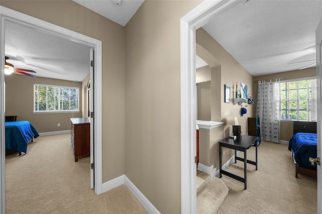 bedroom with baseboards, a textured ceiling, ceiling fan, and carpet
