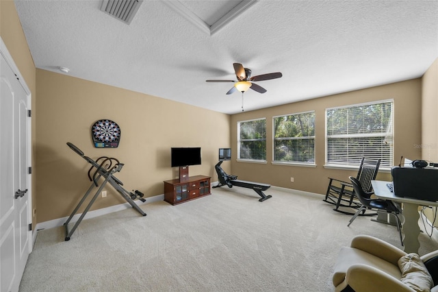 workout area with carpet floors, a textured ceiling, visible vents, and attic access