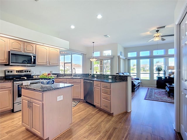 3625 Gaviota Dr, Ruskin, FL 33573 - kitchen with a ceiling fan, a sink, light wood-style flooring, a peninsula, and appliances with stainless steel finishes