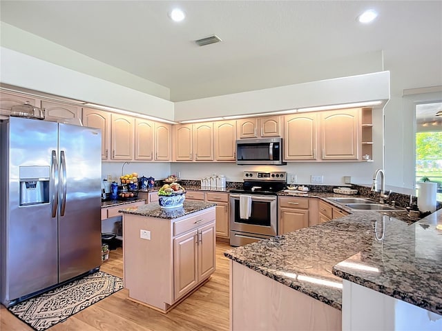 3625 Gaviota Dr, Ruskin, FL 33573 - kitchen featuring stainless steel appliances, a sink, dark stone counters, visible vents, and light wood-style floors
