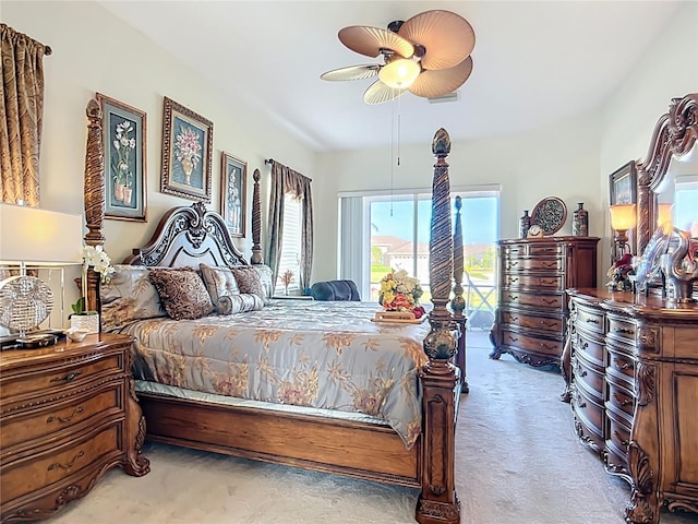 3625 Gaviota Dr, Ruskin, FL 33573 - bedroom with light carpet, a ceiling fan, and access to exterior