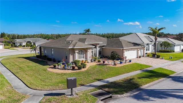 3625 Gaviota Dr, Ruskin, FL 33573 - ranch-style home with stucco siding, an attached garage, driveway, and a front yard