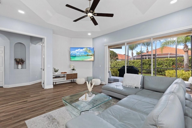 14521 Mirasol Manor Ct, Tampa, FL 33626 - living area with ceiling fan, baseboards, wood finished floors, and recessed lighting