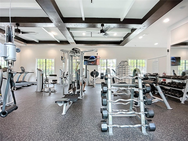 17228 Holly Well Ave, Wimauma, FL 33598 - exercise room featuring ceiling fan, beamed ceiling, coffered ceiling, and recessed lighting