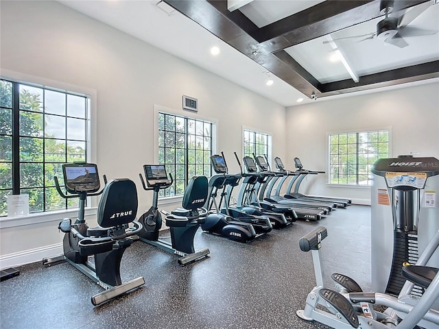 17228 Holly Well Ave, Wimauma, FL 33598 - gym featuring recessed lighting, ceiling fan, and beamed ceiling