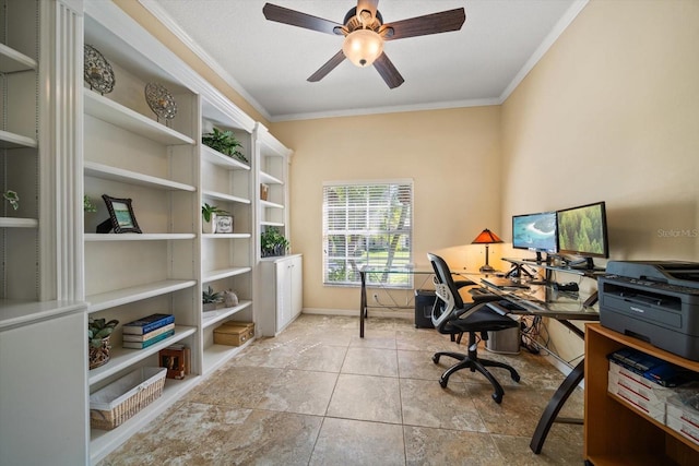 home office featuring a ceiling fan, baseboards, and ornamental molding