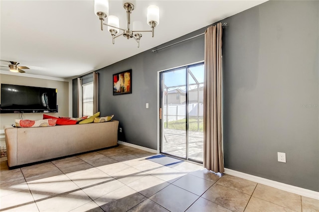 13923 Arbor Pines Dr, Riverview, FL 33579 - living room featuring healthy amount of natural light, a chandelier, light tile patterned floors, and ceiling fan
