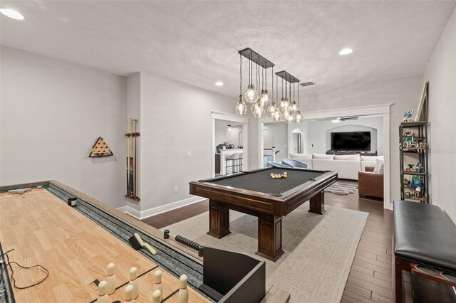 game room with visible vents, baseboards, billiards, recessed lighting, and wood finished floors