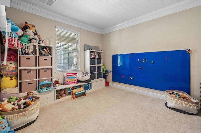 playroom with baseboards, ornamental molding, visible vents, and carpet floors