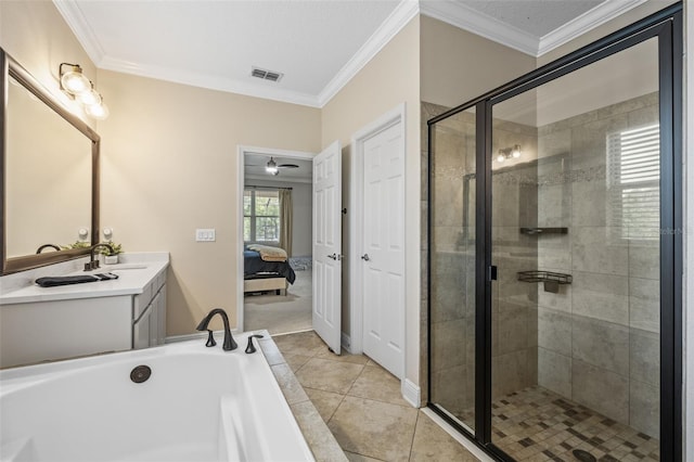 bathroom with ornamental molding, visible vents, a shower stall, and ensuite bath