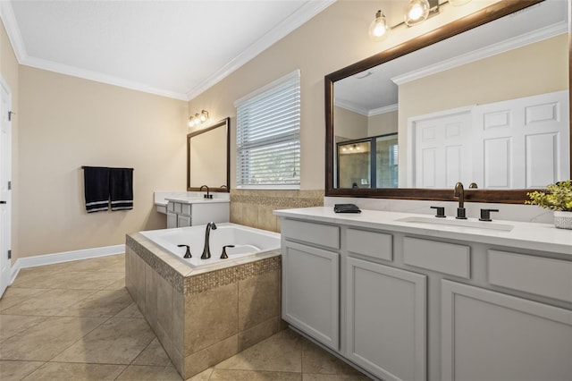 bathroom featuring a shower stall, a bath, ornamental molding, tile patterned flooring, and a sink