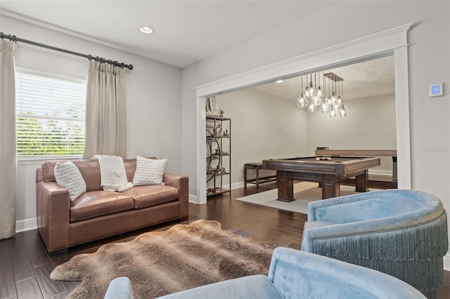 living area featuring pool table, baseboards, recessed lighting, and wood finished floors