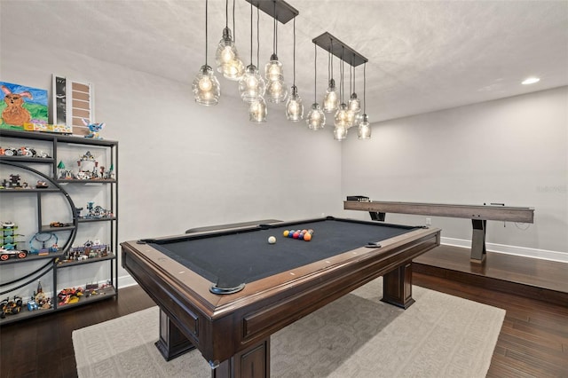 rec room featuring wood-type flooring, baseboards, recessed lighting, and pool table