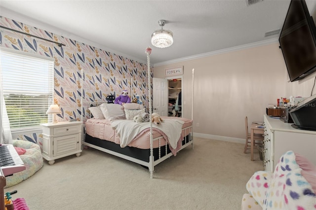 bedroom featuring light carpet, visible vents, baseboards, and crown molding