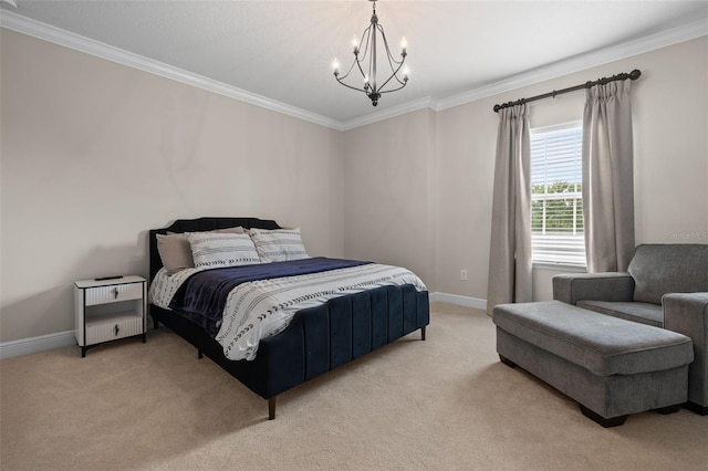 bedroom featuring a chandelier, light carpet, and crown molding