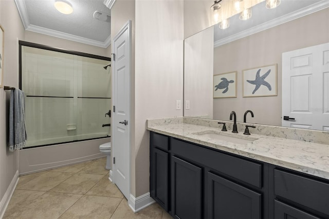 bathroom featuring shower / bath combination with glass door, vanity, tile patterned floors, a textured ceiling, and crown molding