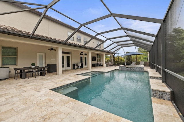 view of swimming pool featuring a pool with connected hot tub, an outdoor living space, a patio, outdoor dining area, and french doors