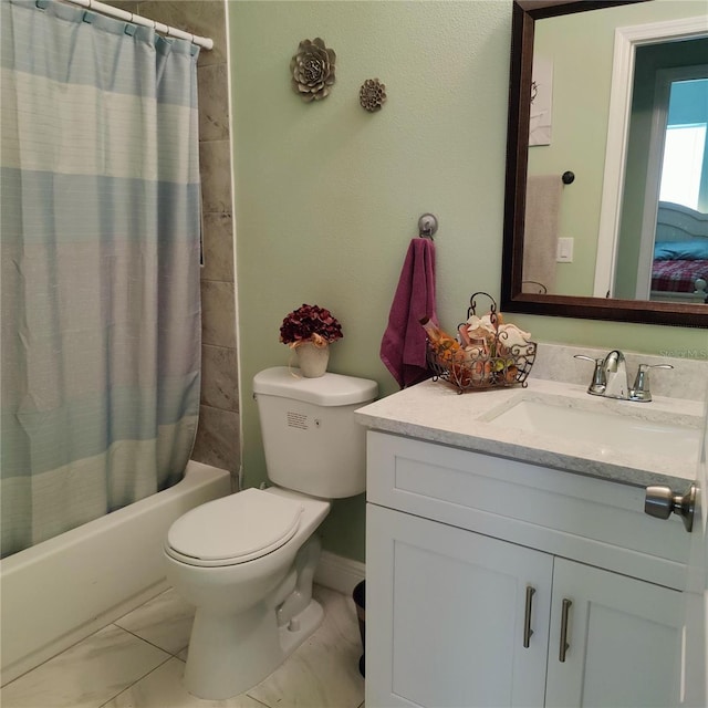 6690 54th Ave N, Saint Petersburg, FL 33709 - full bath featuring toilet, vanity, marble finish floor, and shower / bath combo with shower curtain