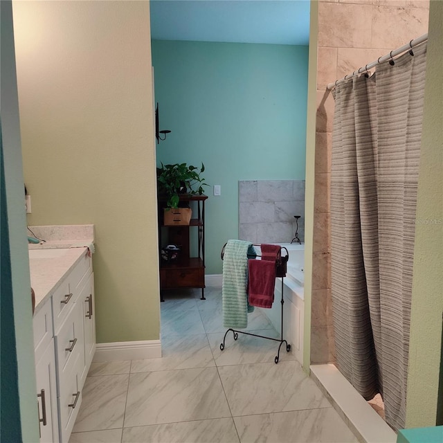 6690 54th Ave N, Saint Petersburg, FL 33709 - full bath with baseboards, vanity, marble finish floor, and a tile shower