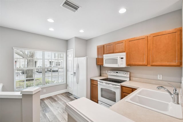 10407 Westpark Preserve Blvd, Tampa, FL 33625 - kitchen featuring white appliances, a sink, light wood-style floors, light countertops, and recessed lighting