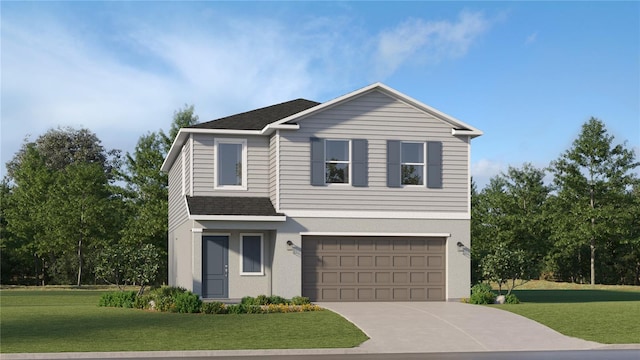view of front of house featuring driveway, an attached garage, a front lawn, and roof with shingles