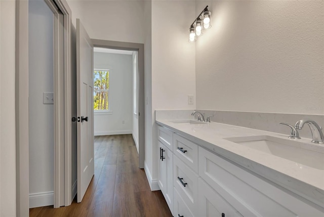bathroom featuring wood finished floors, baseboards, a sink, and double vanity