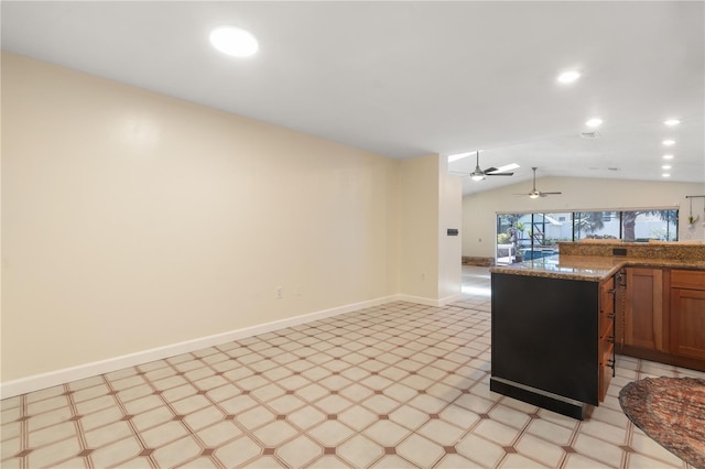 kitchen featuring open floor plan, light floors, ceiling fan, recessed lighting, and vaulted ceiling