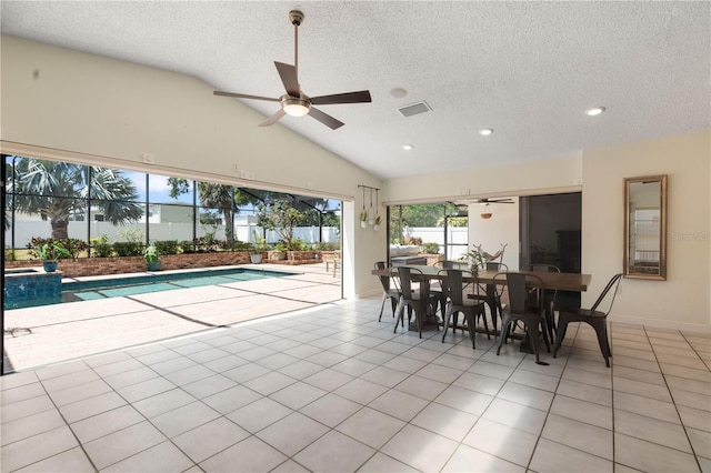 pool featuring fence, outdoor dining space, ceiling fan, and a patio area