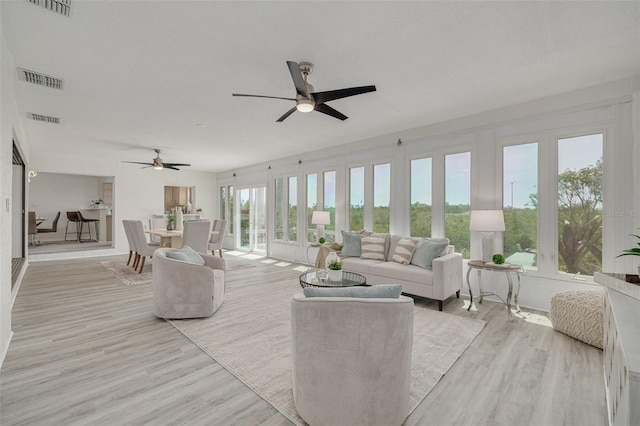 7906 Bayshore Dr, Seminole, FL 33776 - living room featuring visible vents, ceiling fan, and light wood finished floors