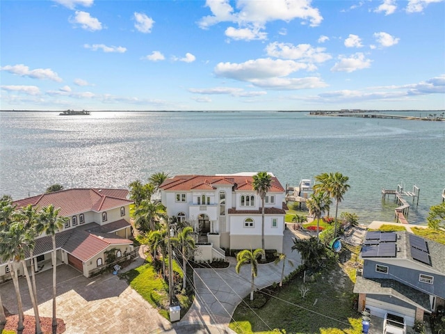 drone / aerial view with a water view