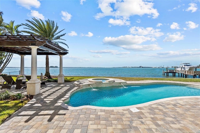 outdoor pool with a pergola, an in ground hot tub, a water view, and a patio