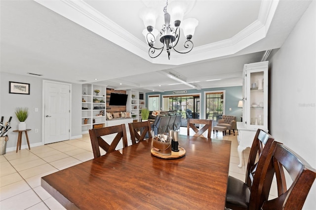 170 Ingrid Pl, Oldsmar, FL 34677 - dining area with light tile patterned floors, built in shelves, an inviting chandelier, ornamental molding, and visible vents