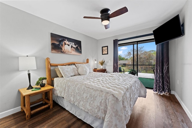 170 Ingrid Pl, Oldsmar, FL 34677 - bedroom with baseboards, a ceiling fan, wood finished floors, and access to outside