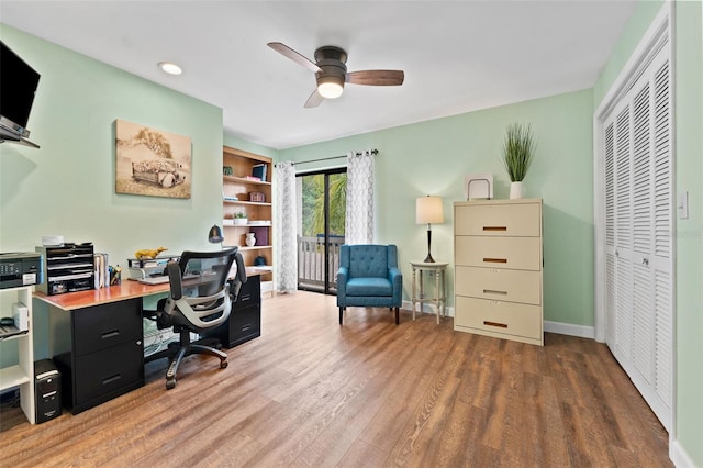 170 Ingrid Pl, Oldsmar, FL 34677 - office area featuring baseboards, wood finished floors, recessed lighting, and ceiling fan