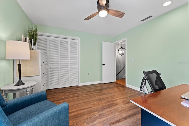 170 Ingrid Pl, Oldsmar, FL 34677 - office area with recessed lighting, wood finished floors, visible vents, a ceiling fan, and baseboards