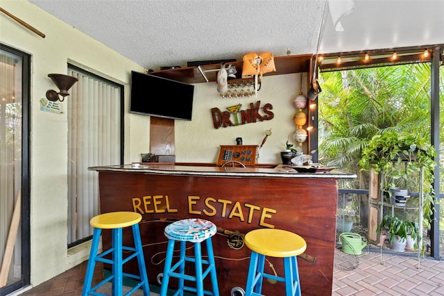 170 Ingrid Pl, Oldsmar, FL 34677 - bar featuring a textured ceiling, brick floor, and a community bar