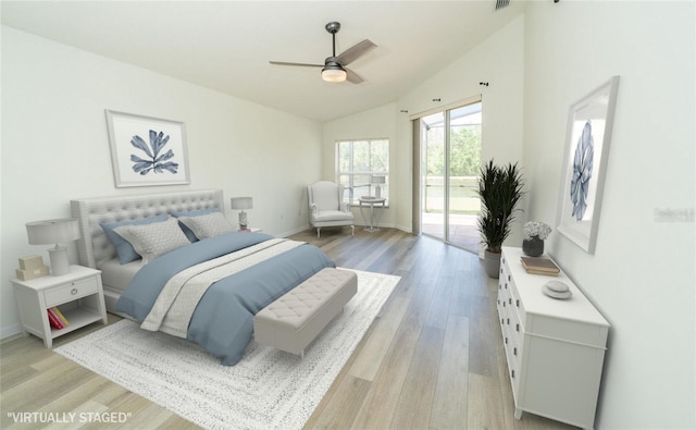 5331 Villagebrook Dr, Wesley Chapel, FL 33544 - bedroom featuring access to exterior, light wood-style flooring, lofted ceiling, baseboards, and a ceiling fan