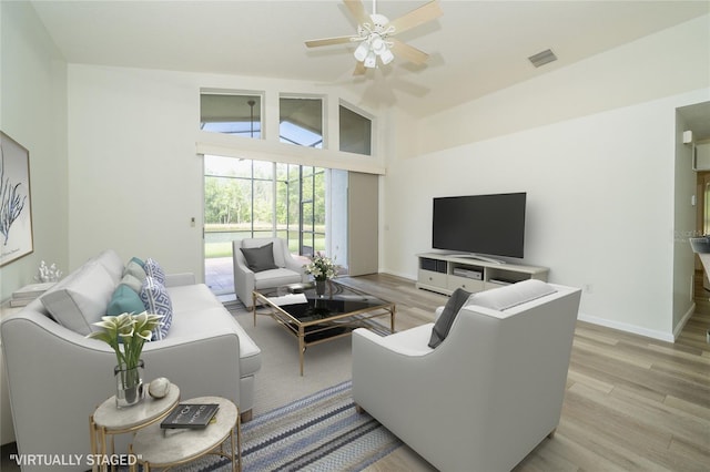 5331 Villagebrook Dr, Wesley Chapel, FL 33544 - living room featuring light wood-style floors, a ceiling fan, baseboards, and high vaulted ceiling