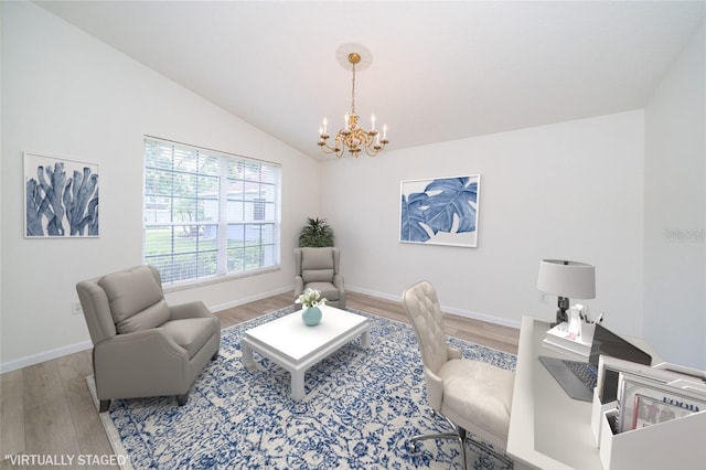 5331 Villagebrook Dr, Wesley Chapel, FL 33544 - living room with a chandelier, wood finished floors, lofted ceiling, and baseboards