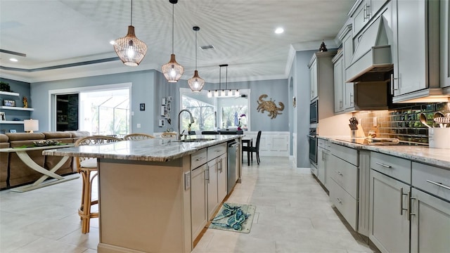 16612 5th Ave E, Bradenton, FL 34212 - kitchen featuring custom range hood, gray cabinets, backsplash, plenty of natural light, and recessed lighting