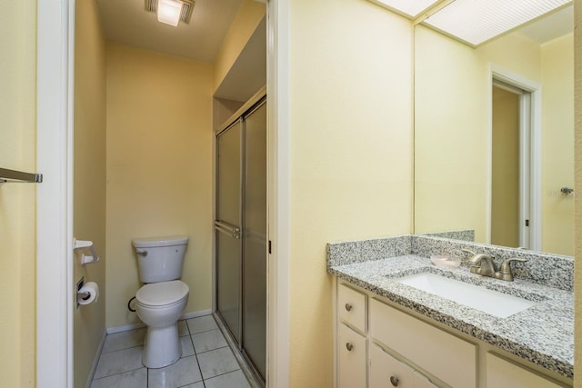 full bathroom featuring visible vents, a shower stall, toilet, vanity, and tile patterned flooring