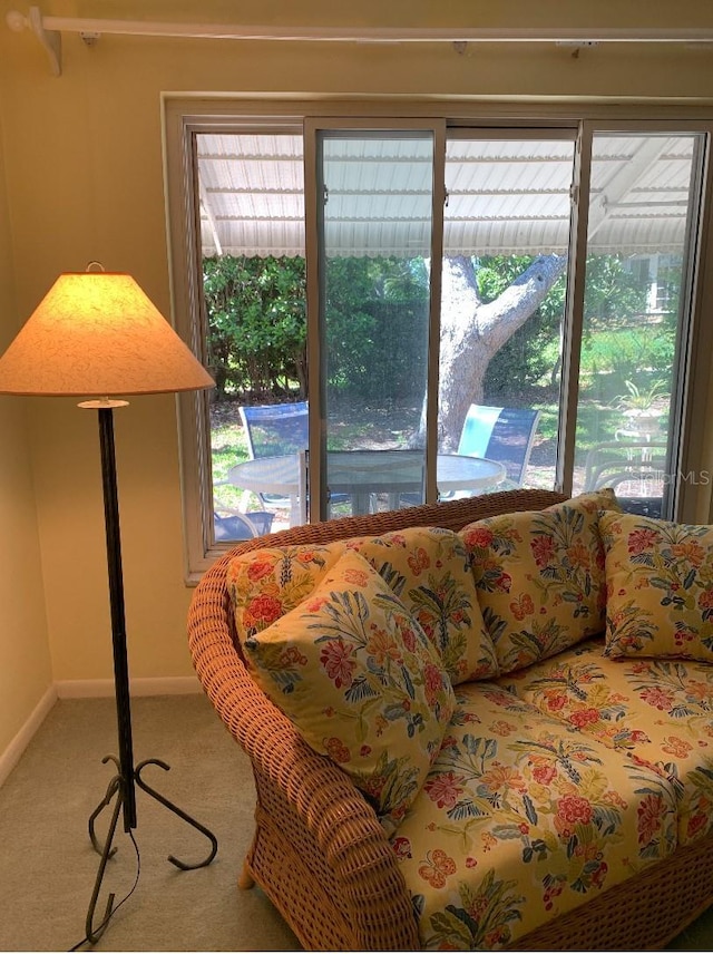 carpeted living area with baseboards