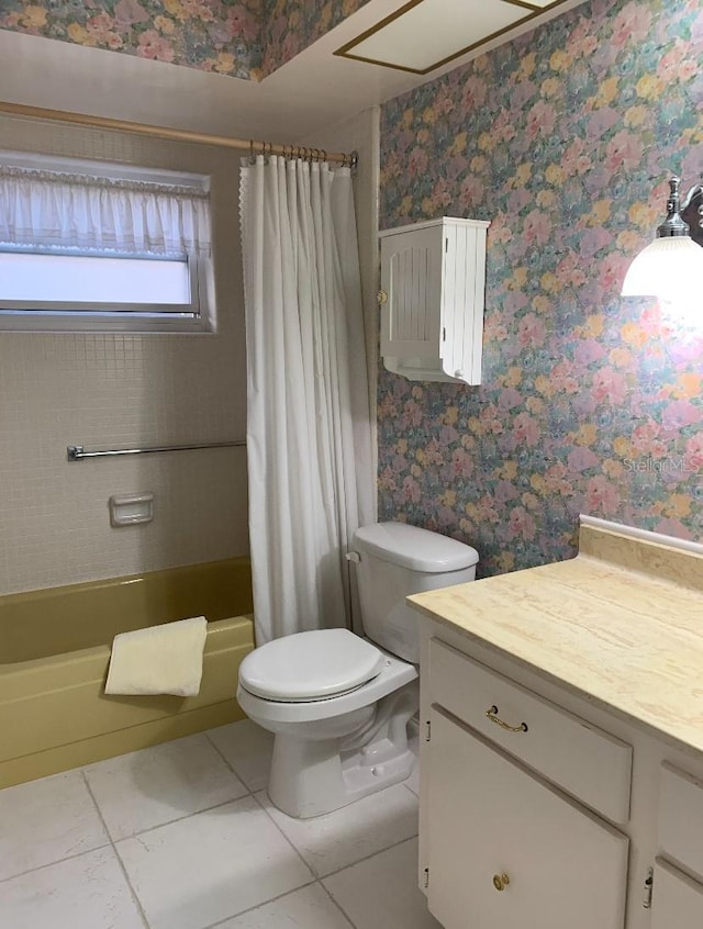 bathroom with shower / bath combination with curtain, wallpapered walls, vanity, and toilet