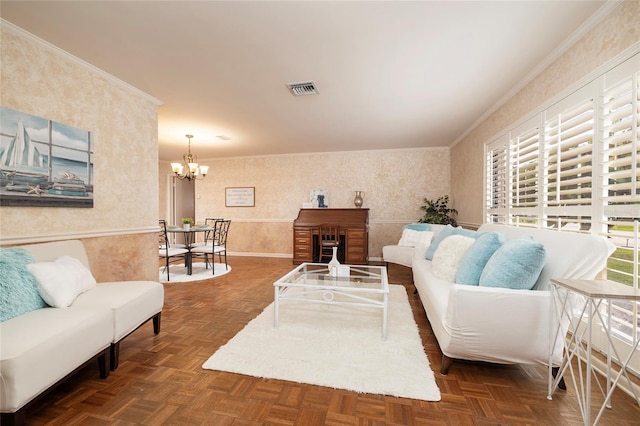 living room featuring wallpapered walls, a chandelier, and crown molding