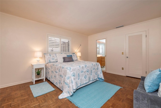 bedroom with baseboards, crown molding, and multiple windows