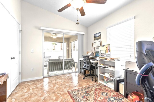 2404 Dovesong Trace Dr, Ruskin, FL 33570 - office featuring ceiling fan, lofted ceiling, light tile patterned floors, and baseboards