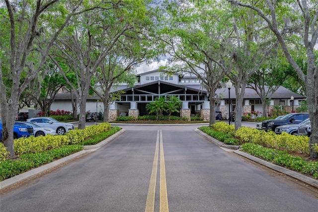view of road with street lights and curbs