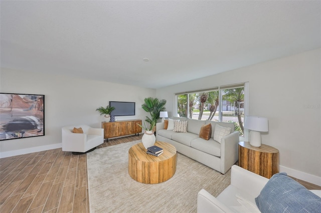 living area featuring baseboards and wood finished floors